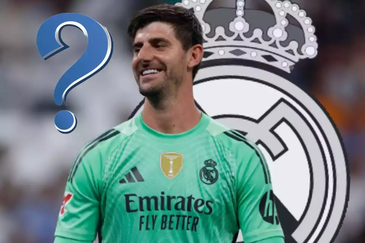 Real Madrid goalkeeper smiling with a large blue question mark next to him and the club’s crest in the background
