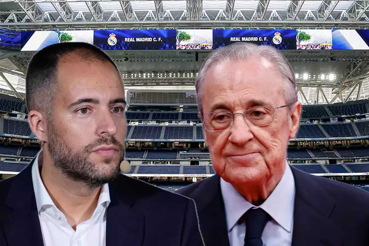 Dos hombres con expresión seria en primer plano dentro de un estadio de fútbol del Real Madrid
