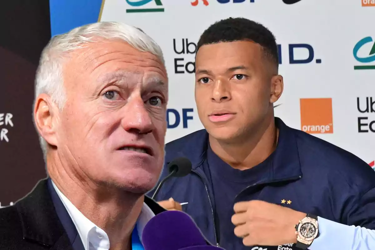 Dos hombres en una conferencia de prensa con logotipos de patrocinadores al fondo