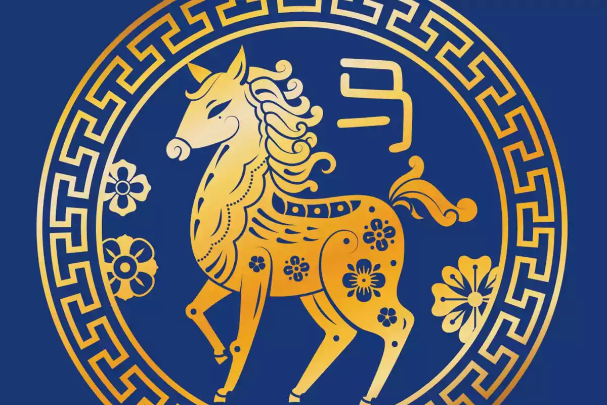 Caballo dorado decorado con flores dentro de un círculo con borde de patrón geométrico sobre fondo azul Caballo dorado decorado con flores dentro de un círculo con borde de patrón geométrico sobre fondo azul