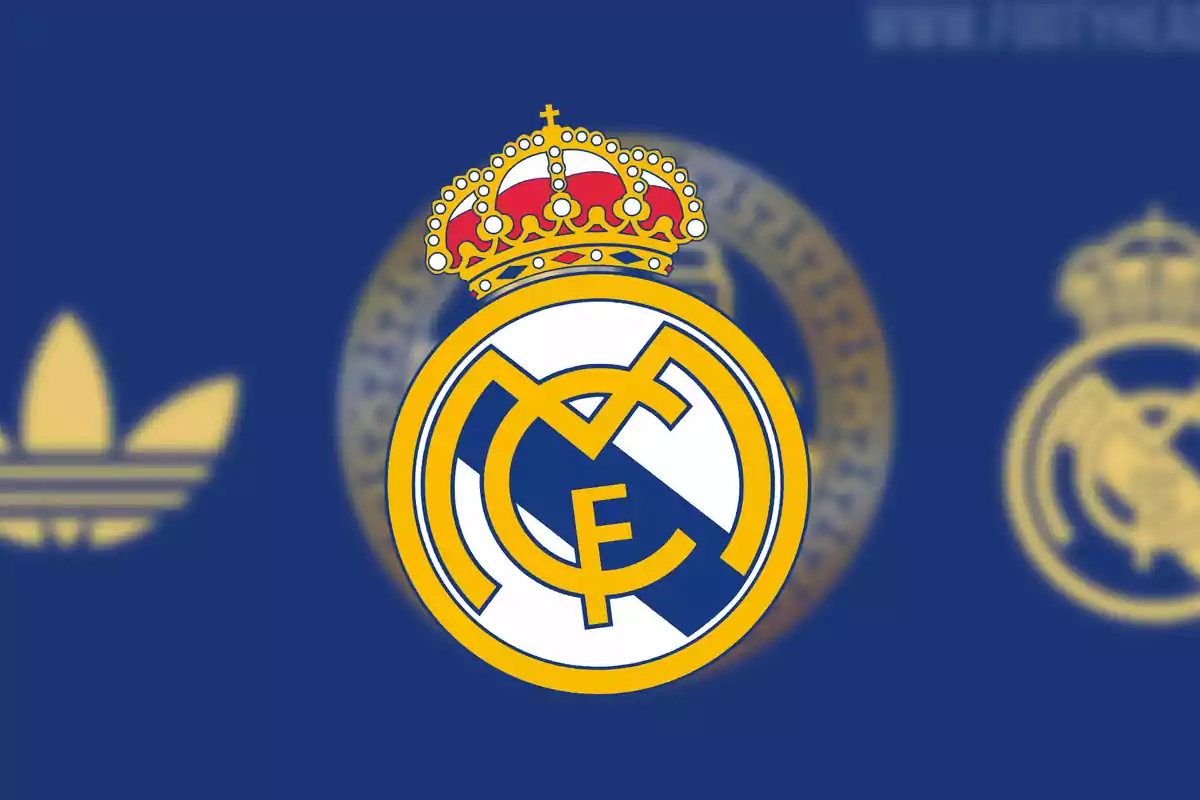 Real Madrid crest in the center of a blue background with blurred logos