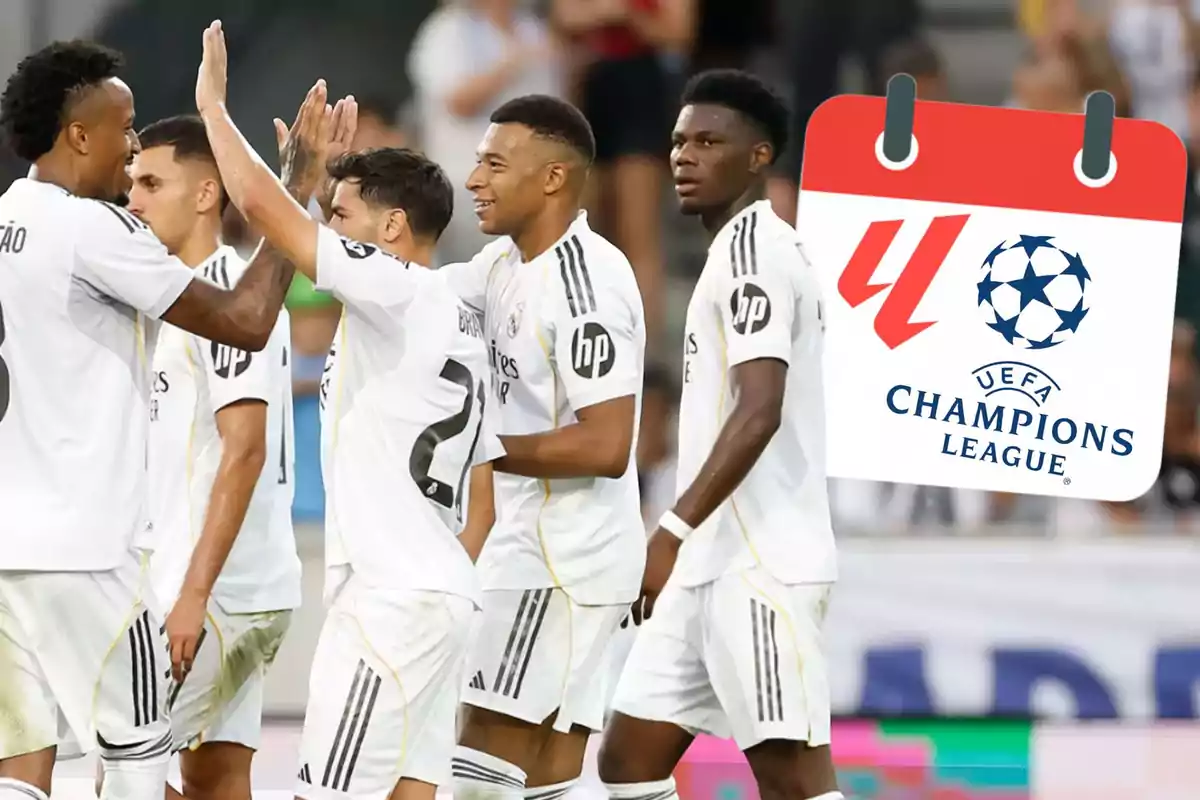 Real Madrid players celebrate on the field with a UEFA Champions League schedule graphic on the right