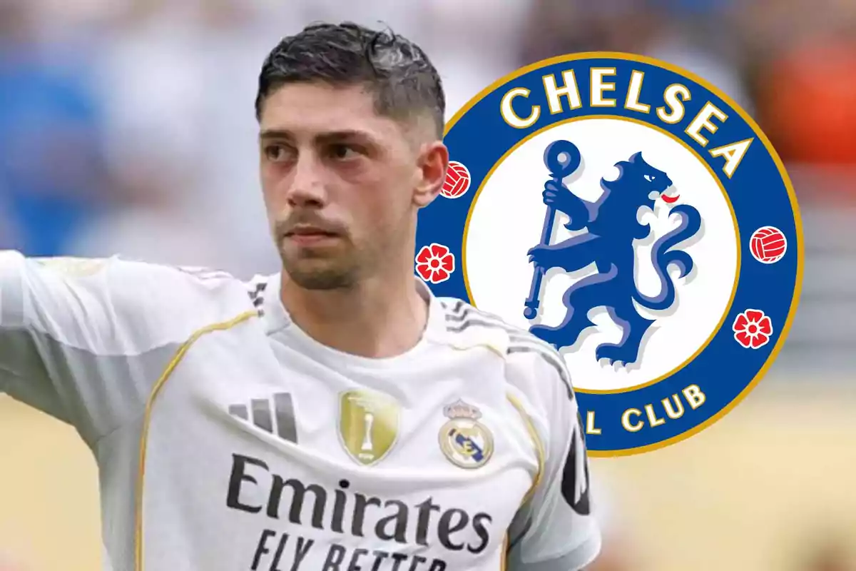 Real Madrid footballer with the Chelsea badge in the background