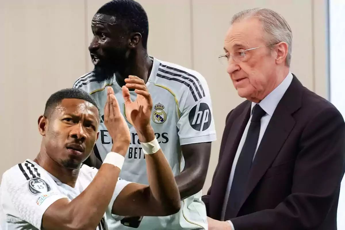 Three people, two Real Madrid players in white uniforms and an older man in a dark suit, are together in an edited image.