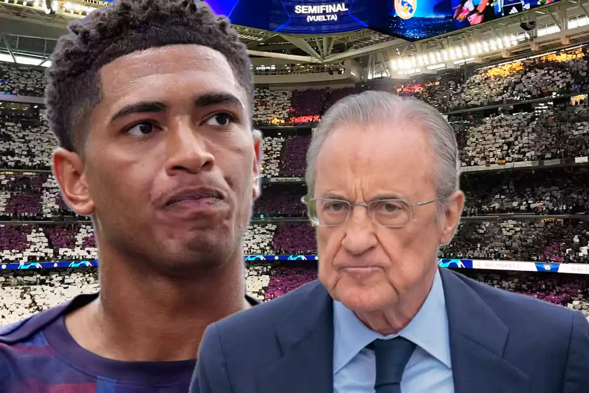 Two people with serious expressions in a packed stadium during an important soccer match