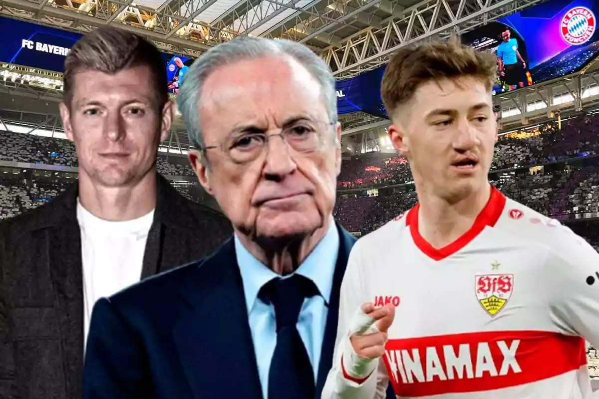 Three people in the foreground at a packed football stadium, one wearing a suit and the other two in sportswear. Three people in the foreground at a packed football stadium, one wearing a suit and the other two in sportswear.