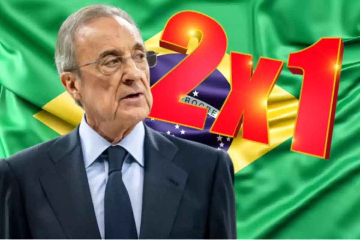 Gray-haired man with glasses and a dark suit in front of a Brazilian flag and large red text that says 2x1