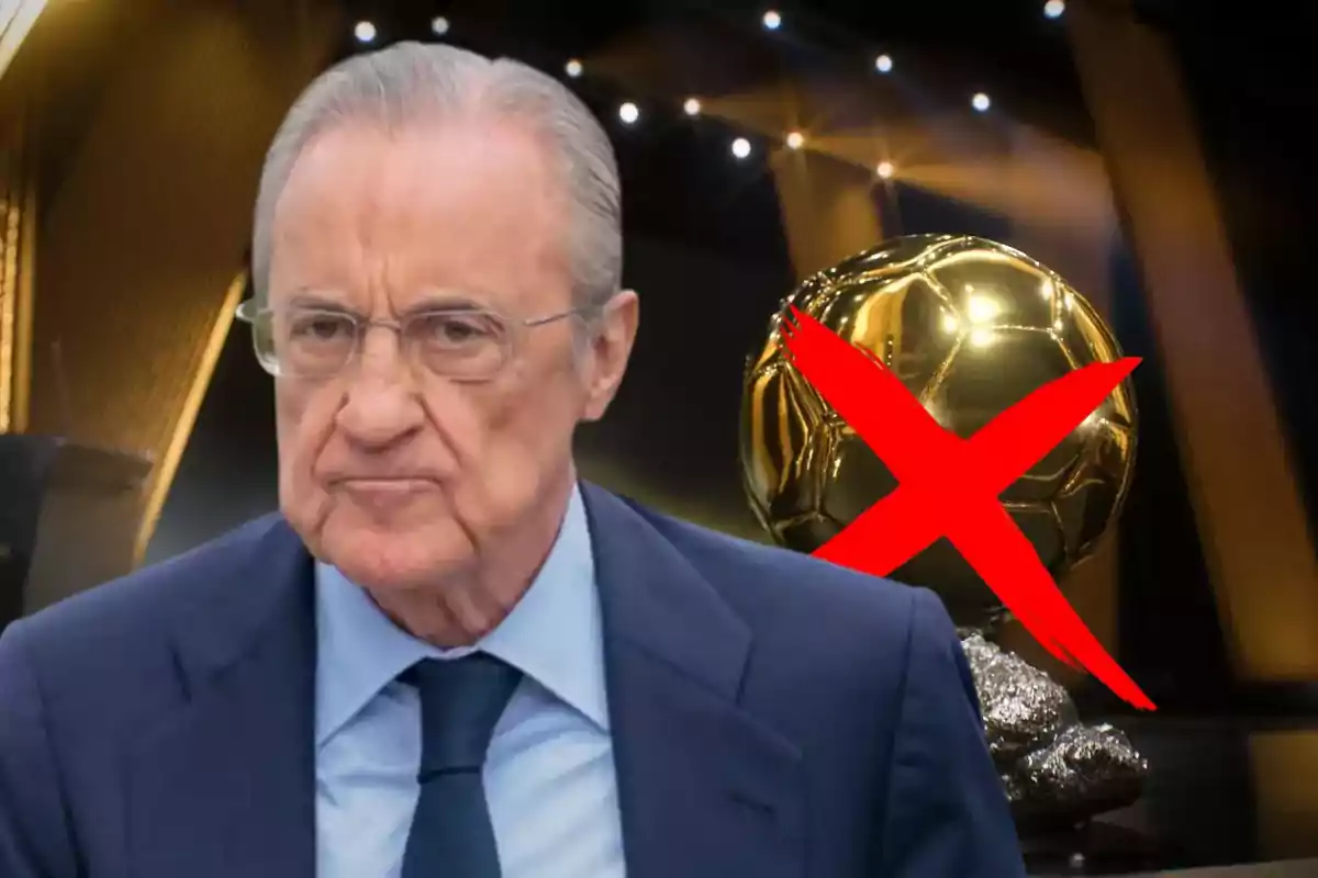 Hombre de cabello canoso y gafas con expresión seria al frente de un trofeo dorado tachado con una gran equis roja