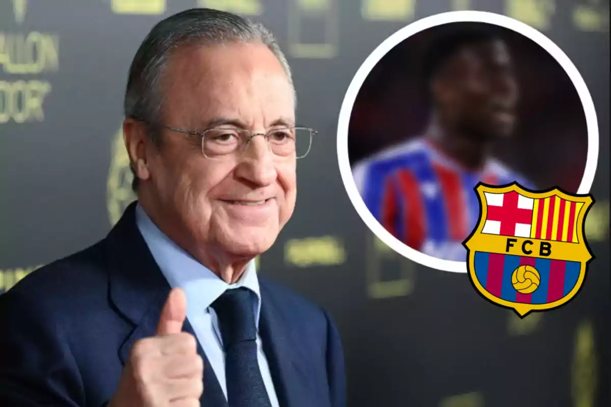 Smiling man in a suit giving a thumbs-up gesture, with a circle in the background showing the blurred silhouette of a player in a blue and garnet uniform and the FC Barcelona crest superimposed.