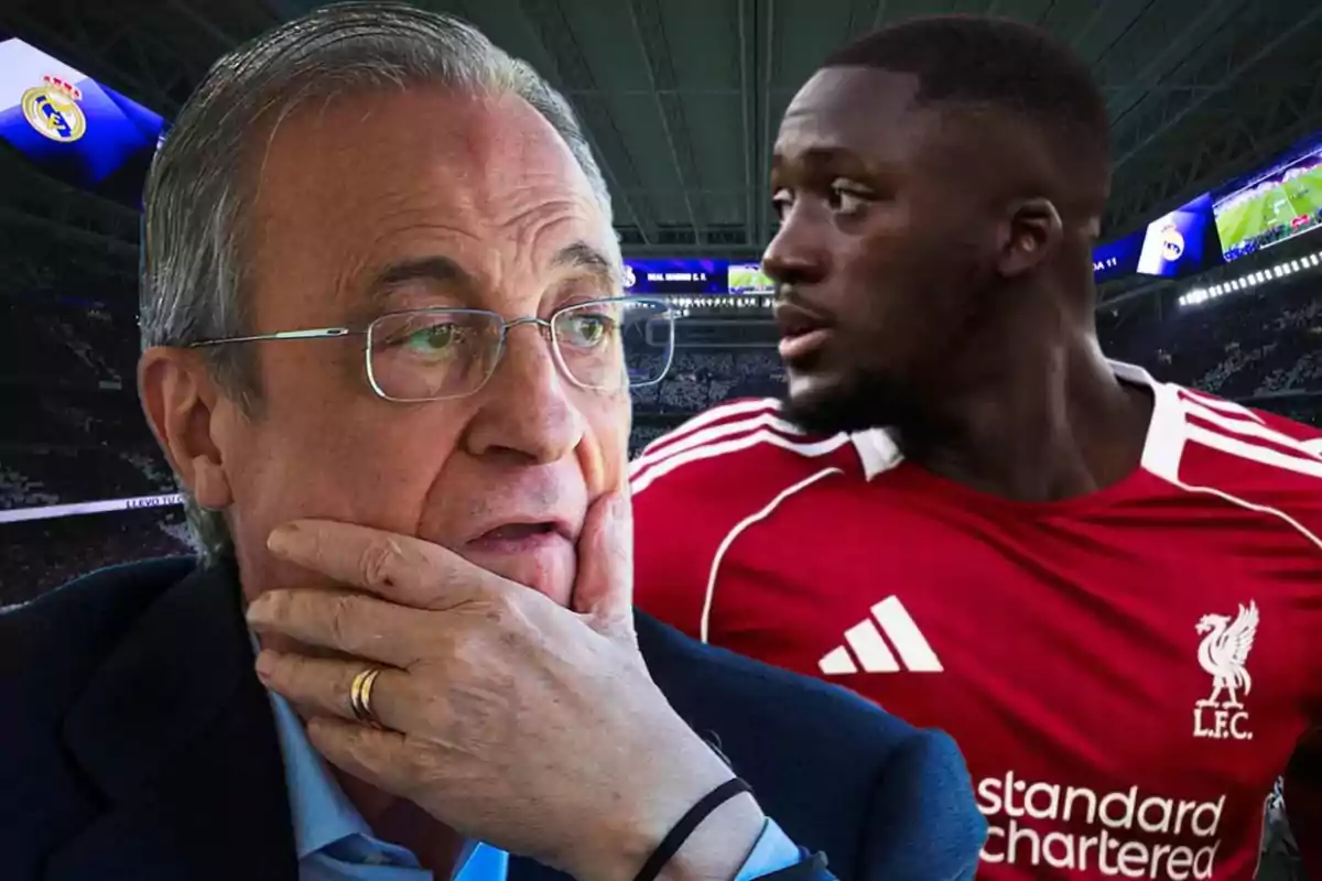 Un hombre mayor con gafas y gesto pensativo aparece en primer plano mientras un futbolista con camiseta roja del Liverpool está al fondo en un estadio con pantallas que muestran el escudo del Real Madrid.