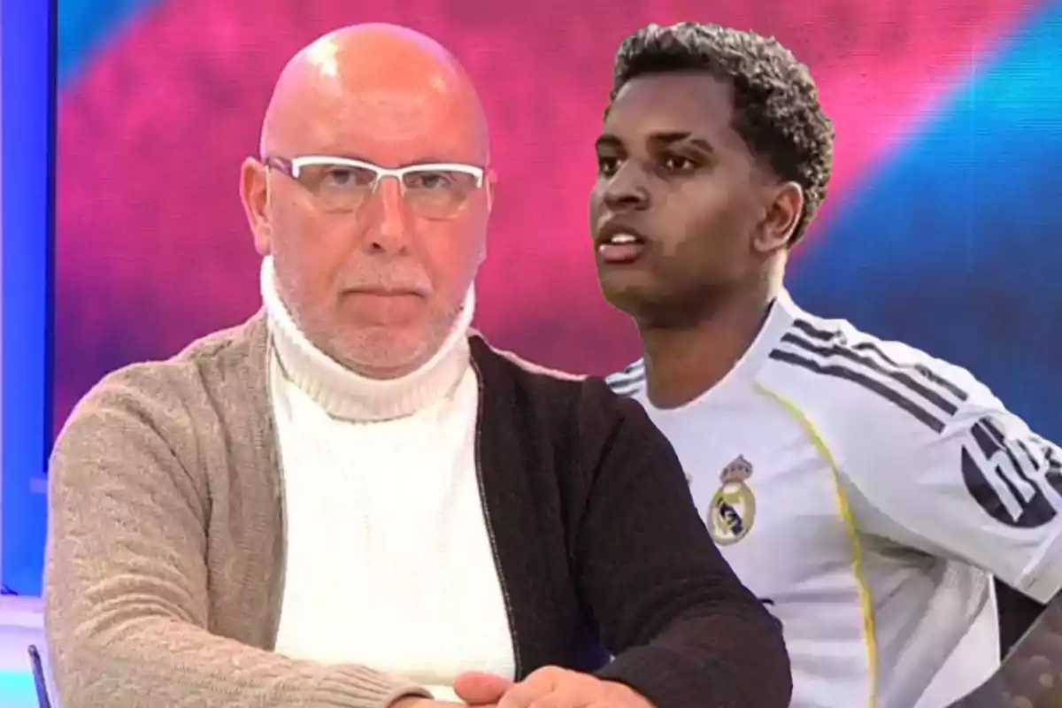 A bald man with glasses and a light sweater is sitting in the front, while a player in a Real Madrid uniform appears behind him against a colorful background.