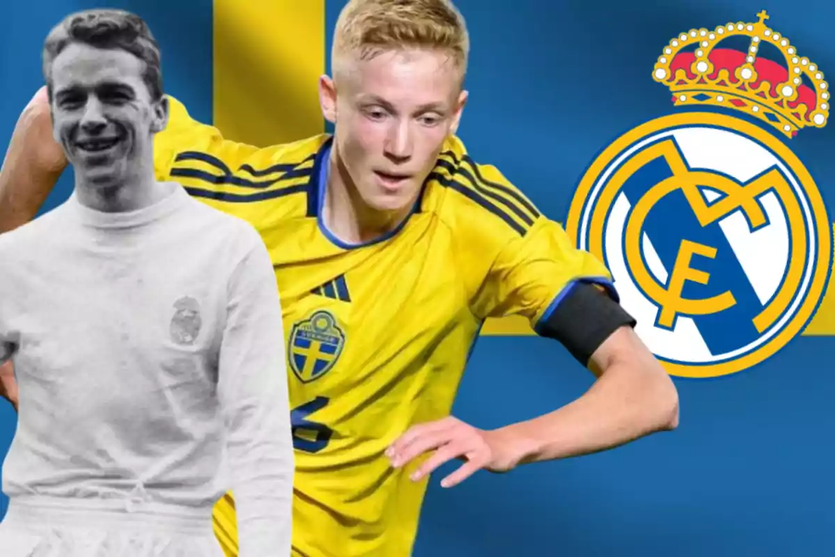 Two Swedish players, one in black and white wearing a Real Madrid uniform and the other in yellow wearing the Swedish national team uniform, appear in front of a Swedish flag and the Real Madrid crest in the background.