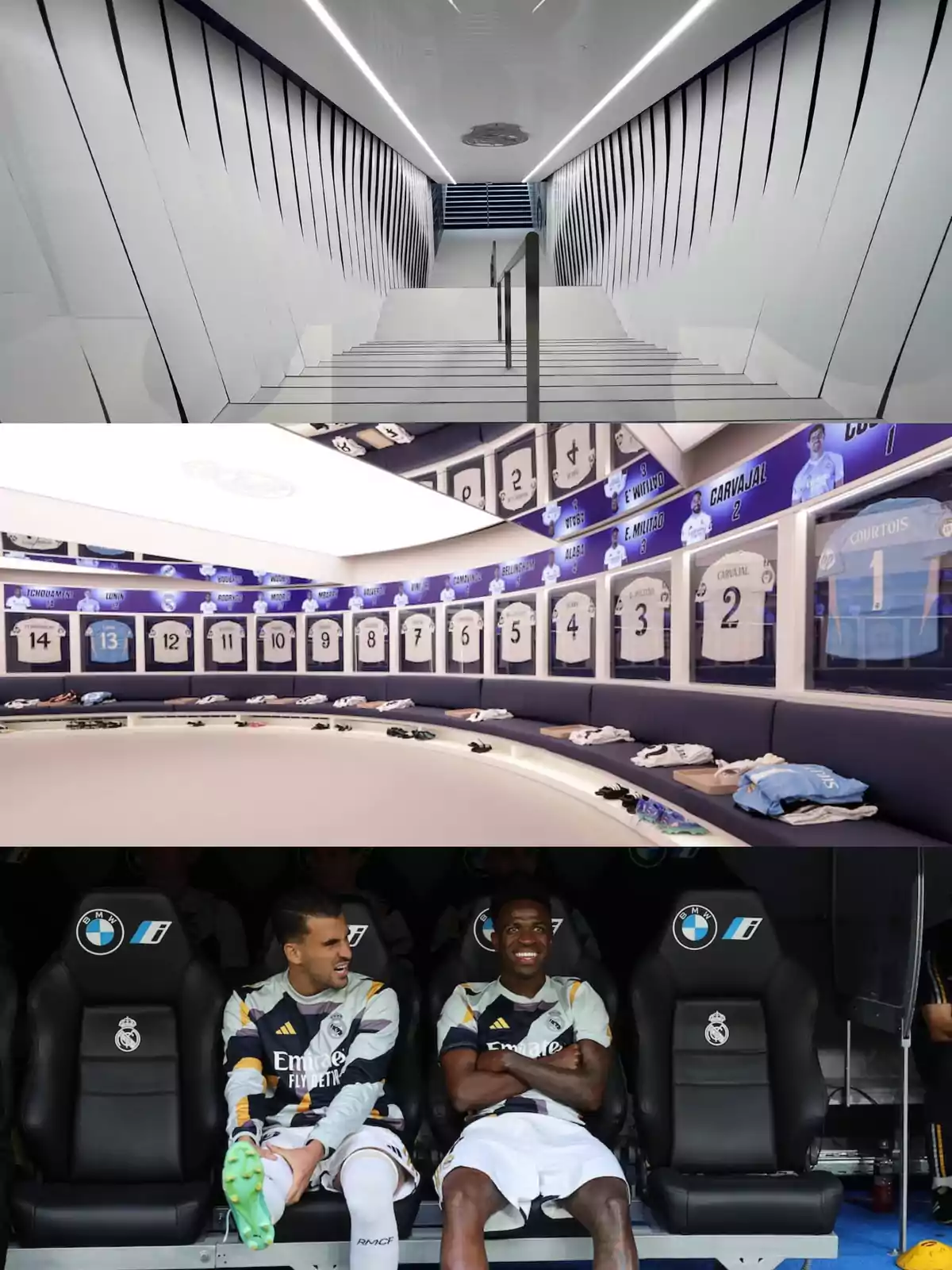 Tres imágenes muestran una escalera moderna, un vestuario de fútbol con camisetas alineadas y dos jugadores sentados en el banquillo sonriendo Tres imágenes muestran una escalera moderna, un vestuario de fútbol con camisetas alineadas y dos jugadores sentados en el banquillo sonriendo