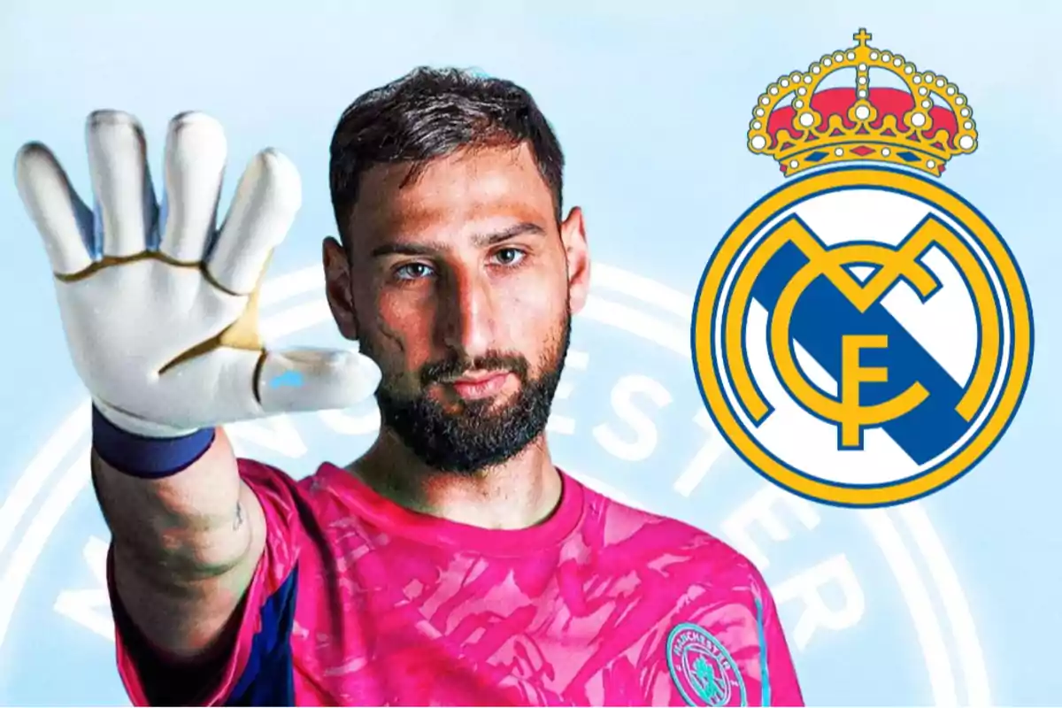 Portero con guante extendido al frente, vistiendo uniforme rosa, junto al escudo del Real Madrid sobre fondo claro