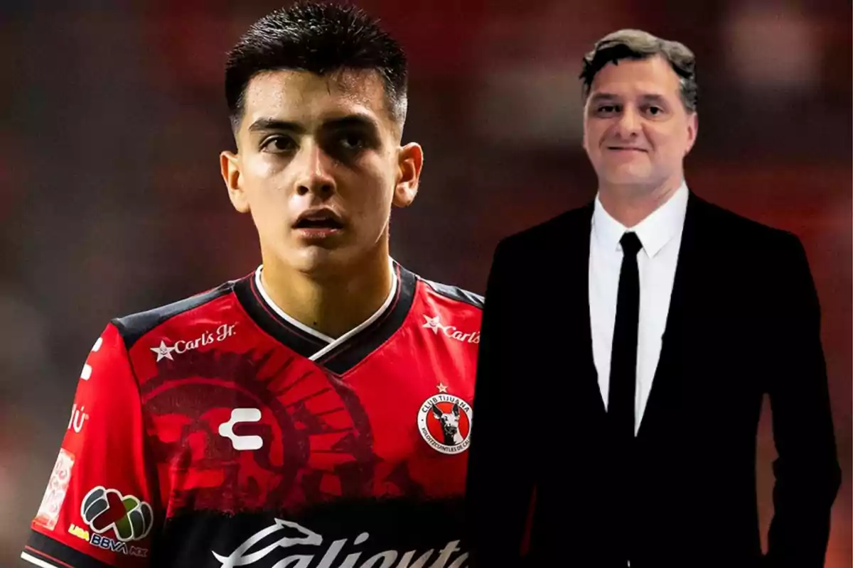 A player in a red and black uniform next to a man in a black suit and tie