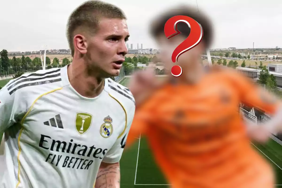 A Real Madrid player in a white uniform appears in the foreground, while in the background there is another blurred player with a question mark over his face on a training field.