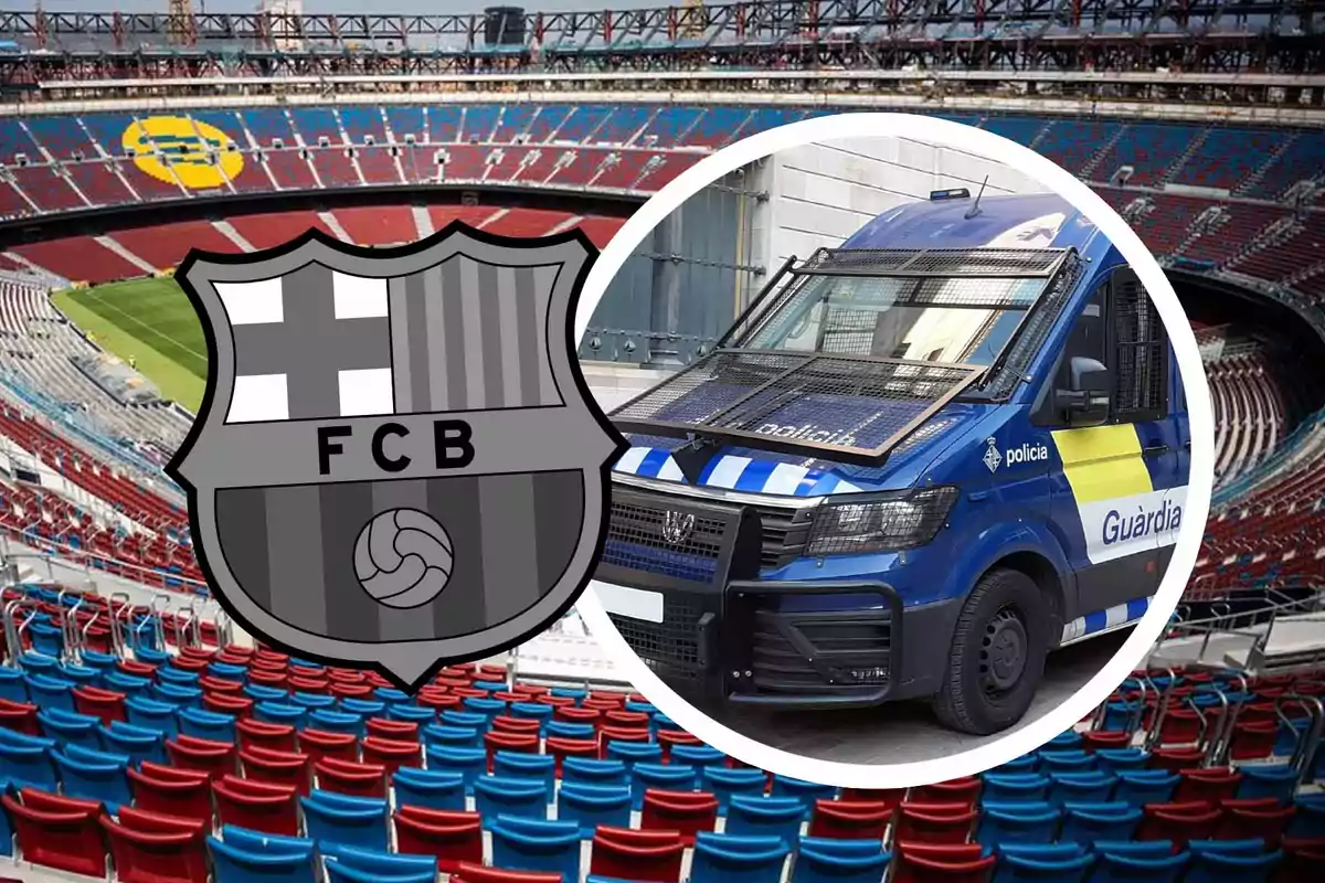 FC Barcelona crest in the foreground with Camp Nou stadium in the background and a Catalan police van in an overlaid circle
