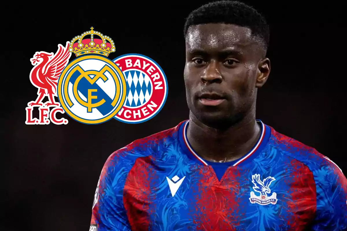 Crystal Palace footballer with the Liverpool, Real Madrid, and Bayern Munich crests in the background