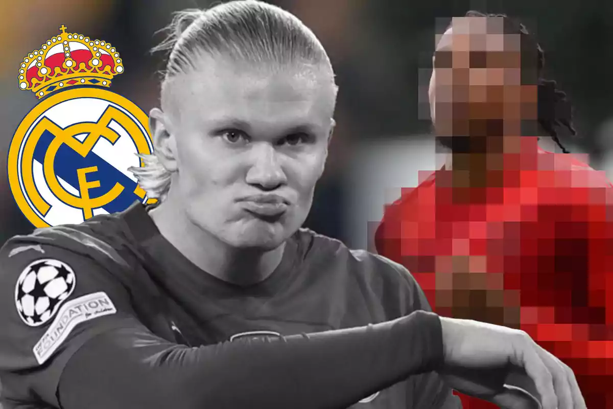 Blond player in the foreground with the Real Madrid crest in the background and another pixelated player in the background.