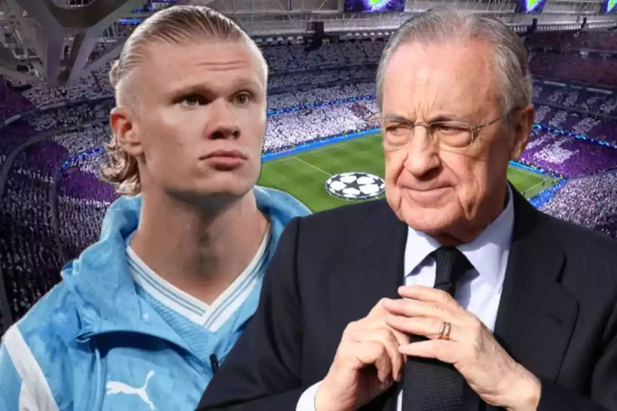 Dos hombres en primer plano, uno con ropa deportiva celeste y otro con traje, al fondo un estadio lleno de aficionados y el logo de la Champions League en el campo.