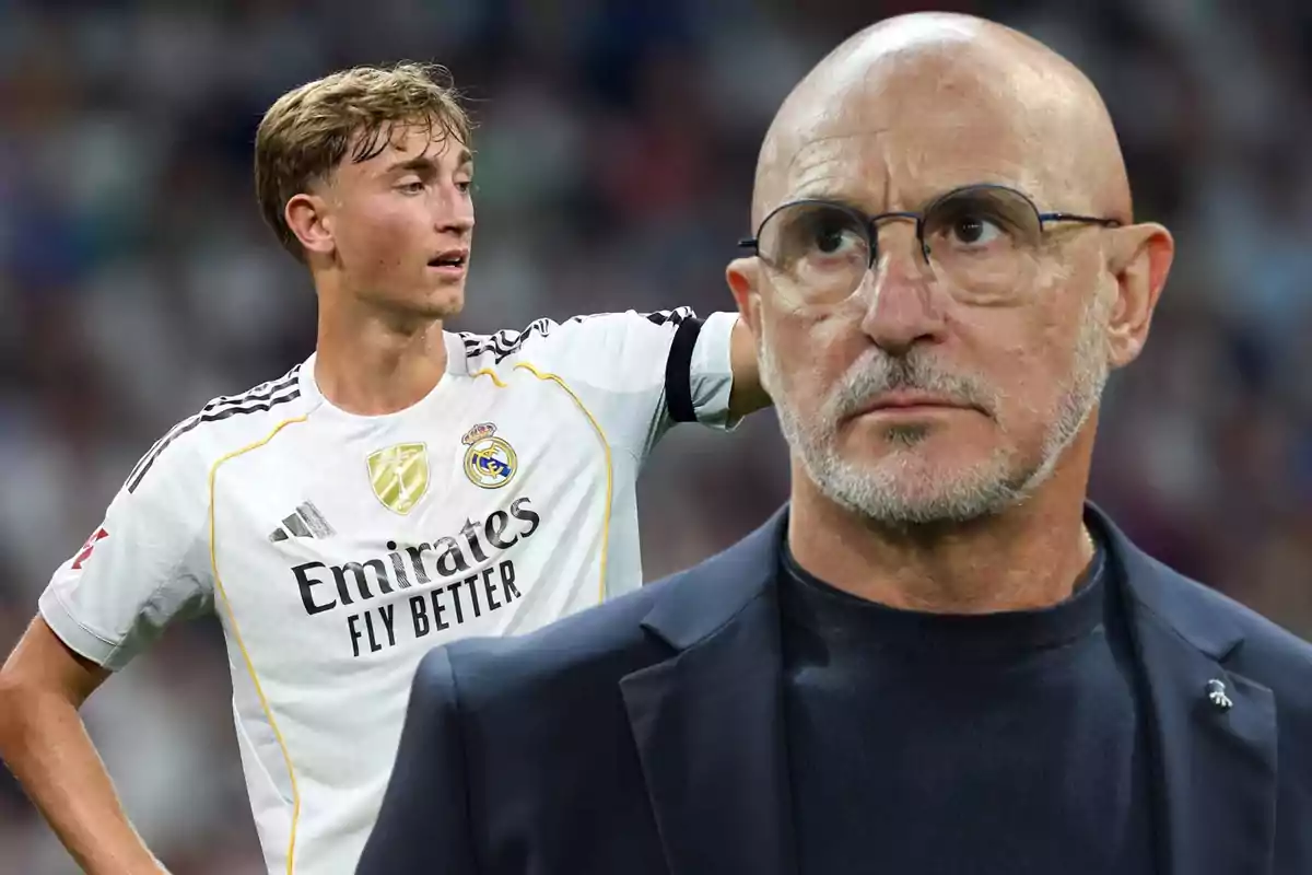 A young player in a Real Madrid uniform appears in the background while a bald man with glasses and a beard is in the foreground with a serious expression.
