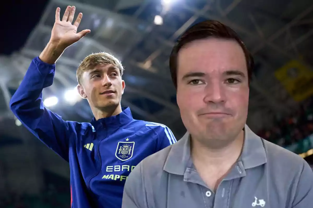 A young man in a blue jacket waves while another man in a gray jersey appears in the foreground with a serious expression in a brightly lit stadium.