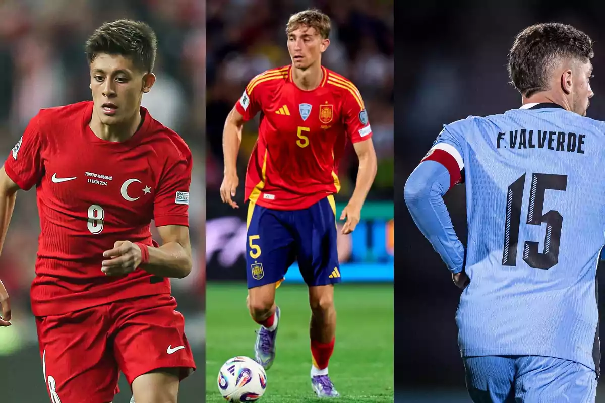Tres futbolistas con los uniformes de las selecciones de Turquía, España y Uruguay en diferentes momentos de un partido