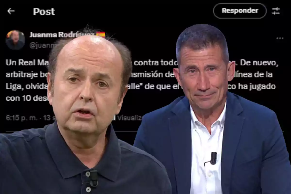 Two men in the foreground with serious expressions, one wearing a dark jersey and the other a blue jacket, against a dark background where a tweet can be seen in the back.