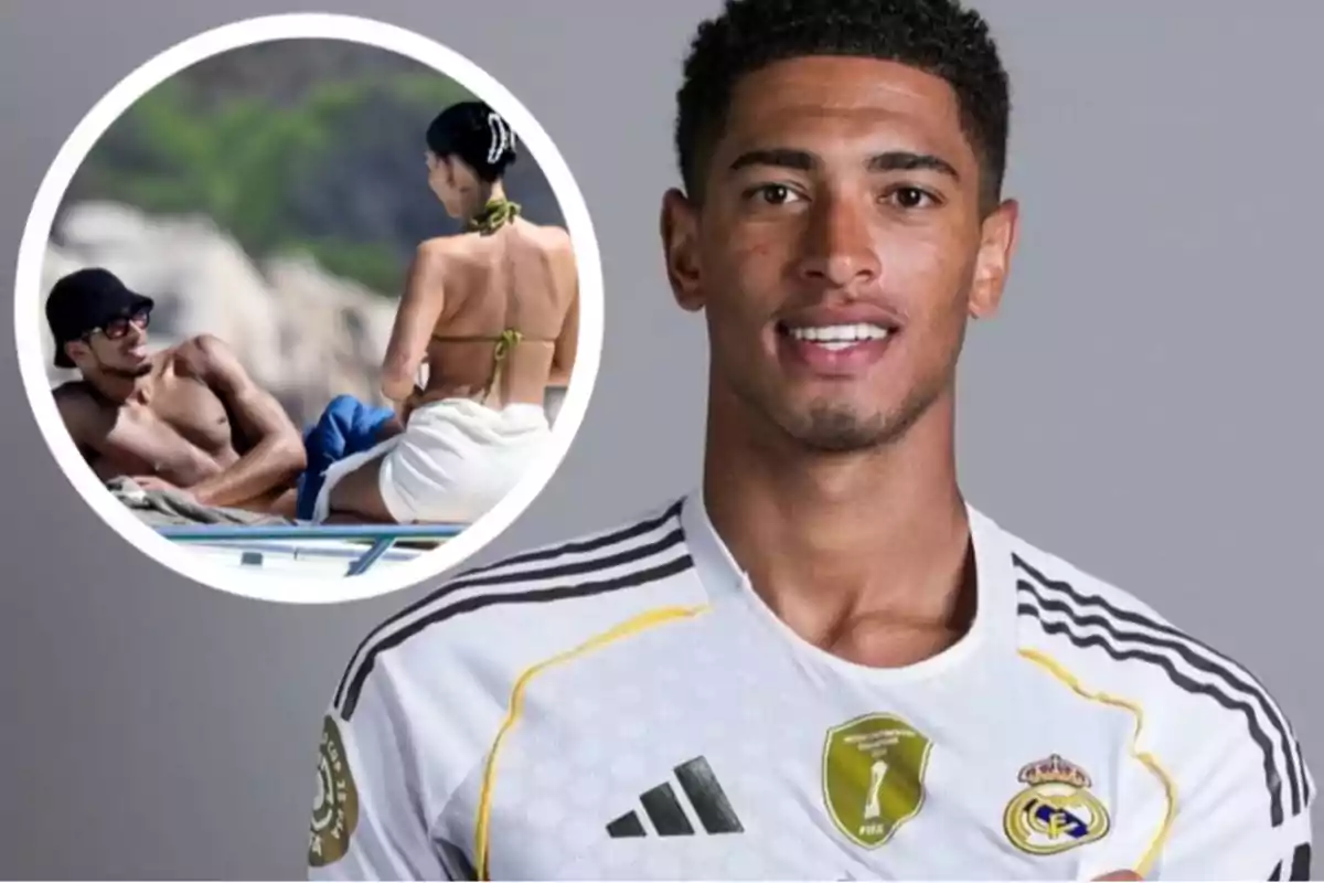 A player wearing the Real Madrid uniform smiles while, in an inset, he appears enjoying a day on a yacht with a woman.