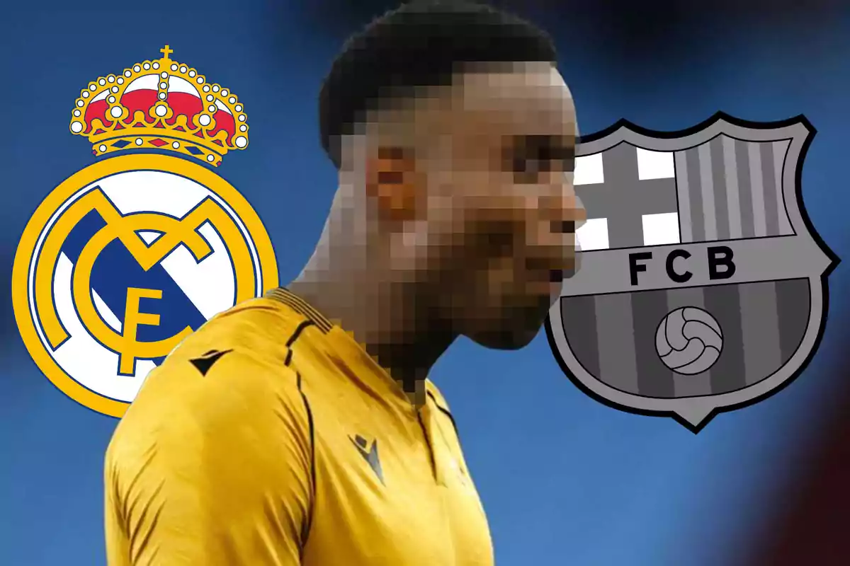 Player with a pixelated face wearing a yellow uniform, with the Real Madrid and Barcelona crests in the background.