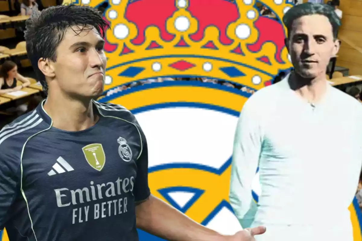 Dos futbolistas del Real Madrid, uno con uniforme moderno y otro con uniforme antiguo, posan frente a un escudo grande del club y un fondo de aula con estudiantes.
