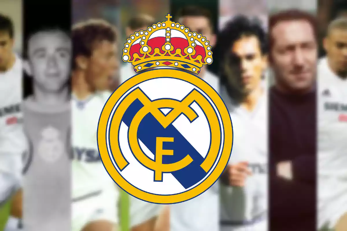 Real Madrid crest in the center with a background of blurred historic club players