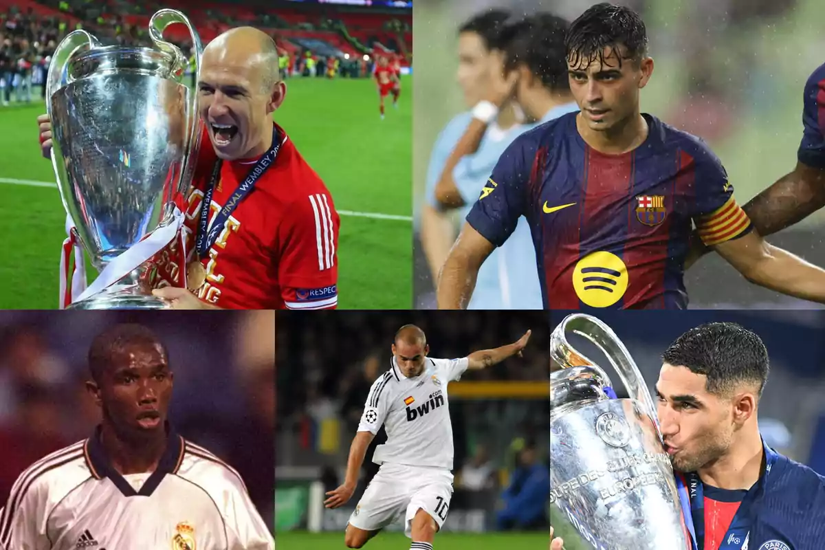 Five famous players appear at different moments in their careers, some celebrating major titles and others in action during matches with their respective European teams.