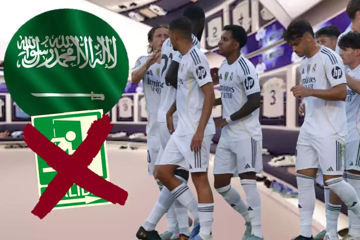 Jugadores de fútbol del Real Madrid en un vestuario con la bandera de Arabia Saudita y un letrero de salida tachado con una equis roja