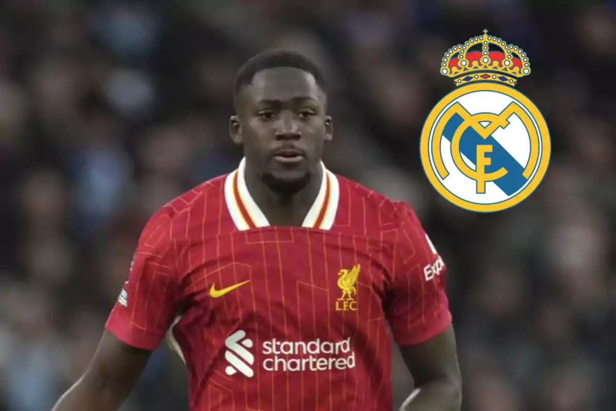Liverpool footballer with the Real Madrid crest in the background