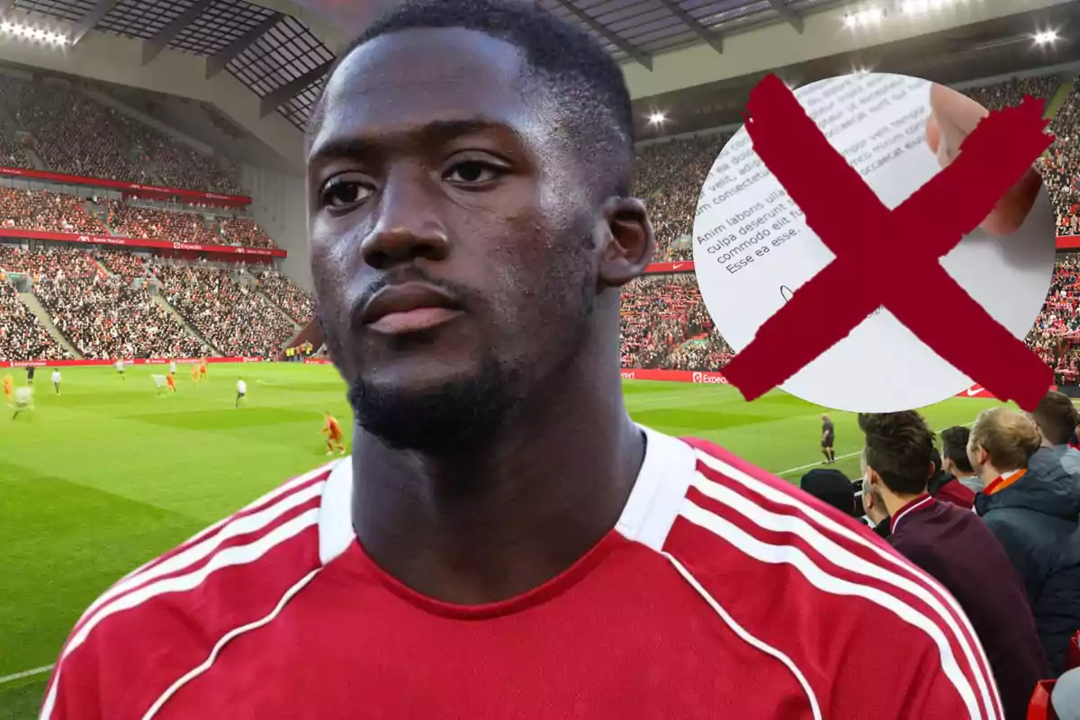 Soccer player with a serious expression in a packed stadium and a circle with a large red X over a document in the background