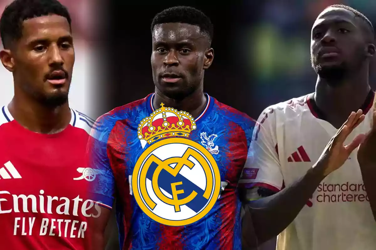 Tres futbolistas con diferentes uniformes, uno de ellos con el escudo del Real Madrid sobre su camiseta
