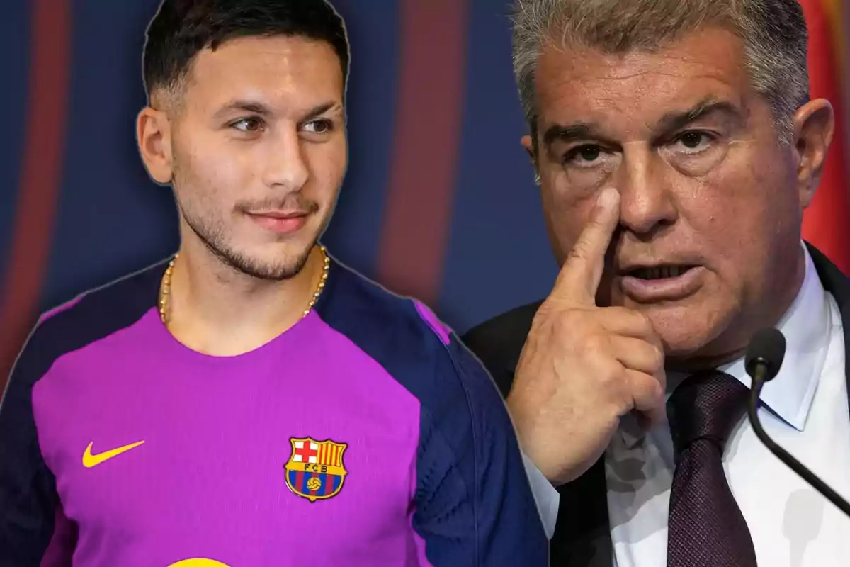 A young man wearing an FC Barcelona jersey next to an older man in a suit speaking in front of a microphone