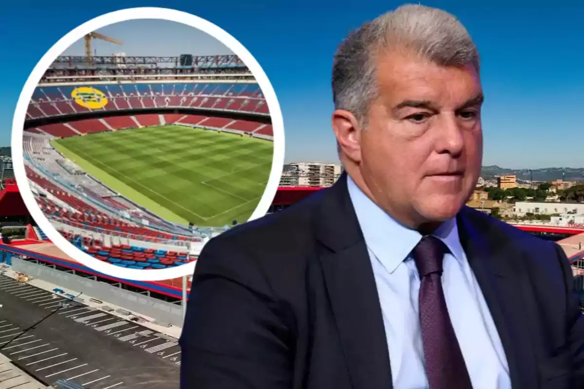 Man in a suit with a serious expression in front of a soccer stadium and a circular image showing the inside of the stadium