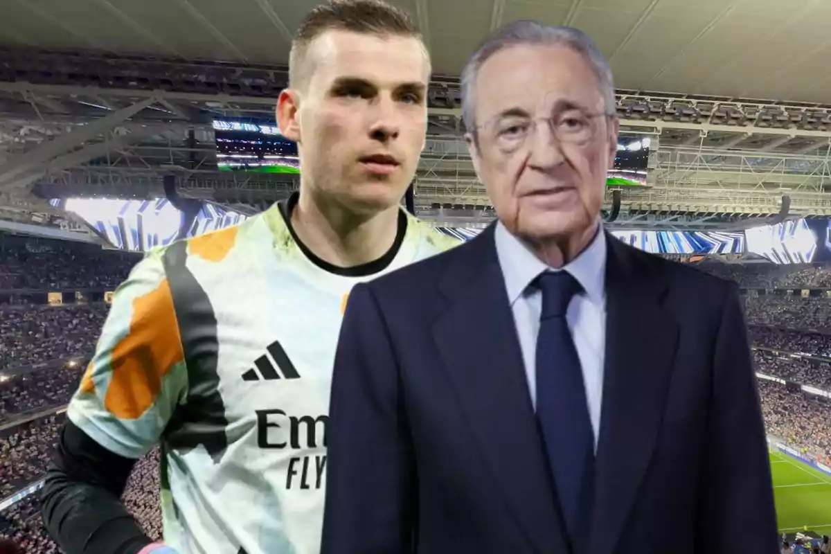 A goalkeeper wearing a Real Madrid uniform and an older man in a suit pose in a stadium full of fans.