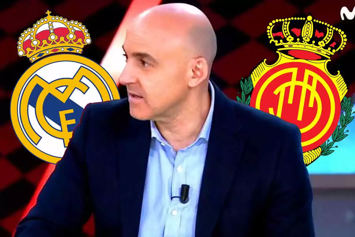Bald man wearing a blue blazer and a light-colored jersey on a television set with the Real Madrid and Mallorca crests in the background