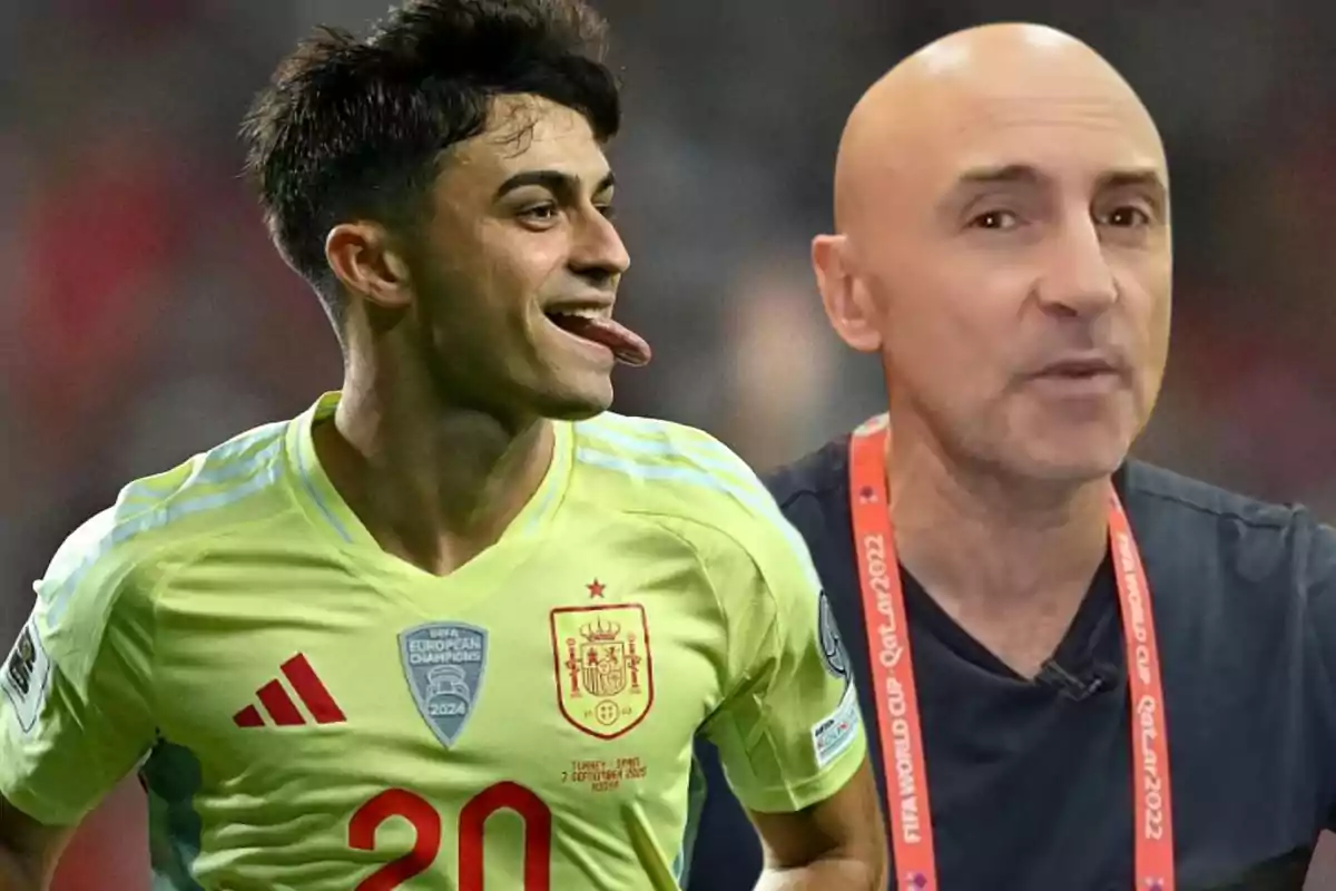 A player in a yellow Spain national team uniform celebrating alongside a bald man with a press credential.
