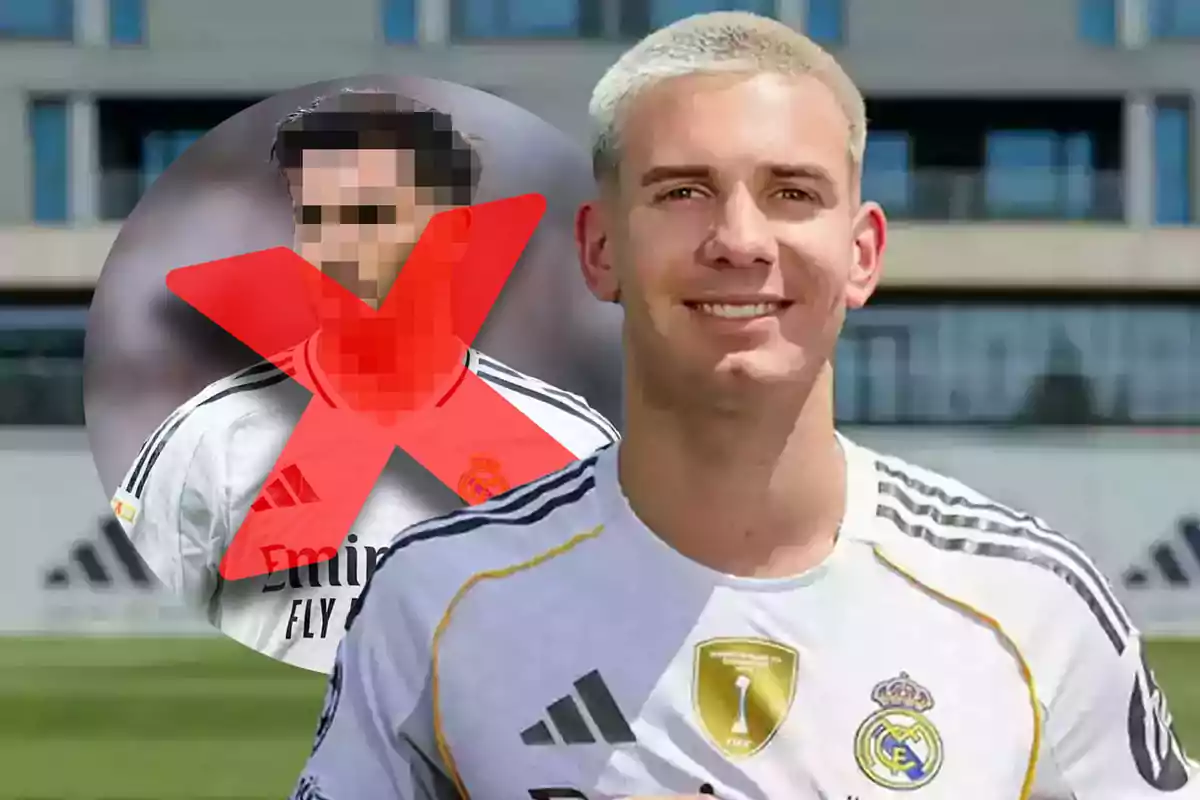 A Real Madrid player smiles in the foreground while in the background there is a blurry image of another player with a big red X over him.