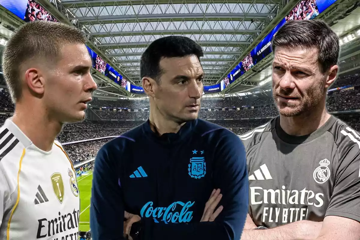 Tres personas relacionadas con el fútbol aparecen en primer plano dentro de un estadio lleno de espectadores