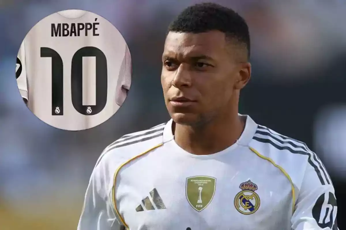 A player wearing a Real Madrid jersey and a box showing a jersey with the name Mbappé and the number 10.
