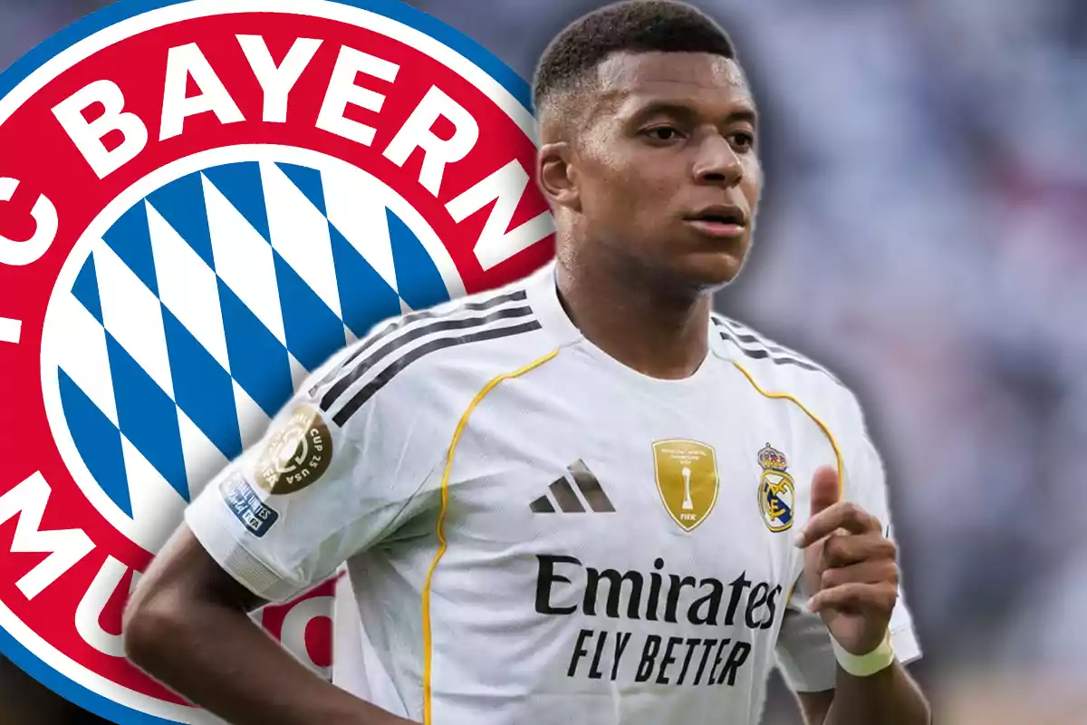 Soccer player wearing a Real Madrid uniform in front of the Bayern Munich crest