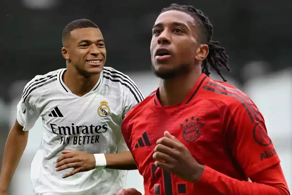 Two players in Real Madrid and Bayern Munich uniforms on the field