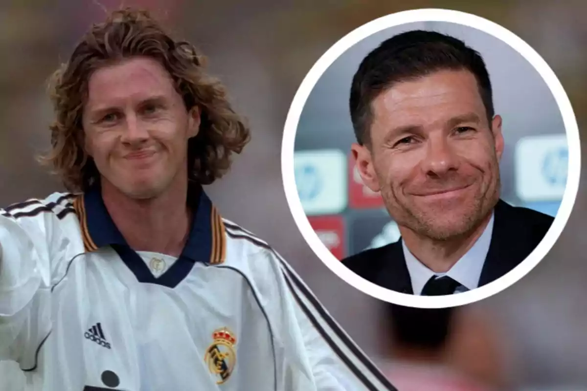 A player with long, curly hair wearing the Real Madrid uniform and a circular image of a man with short hair and a beard, dressed in a suit and tie, smiling.