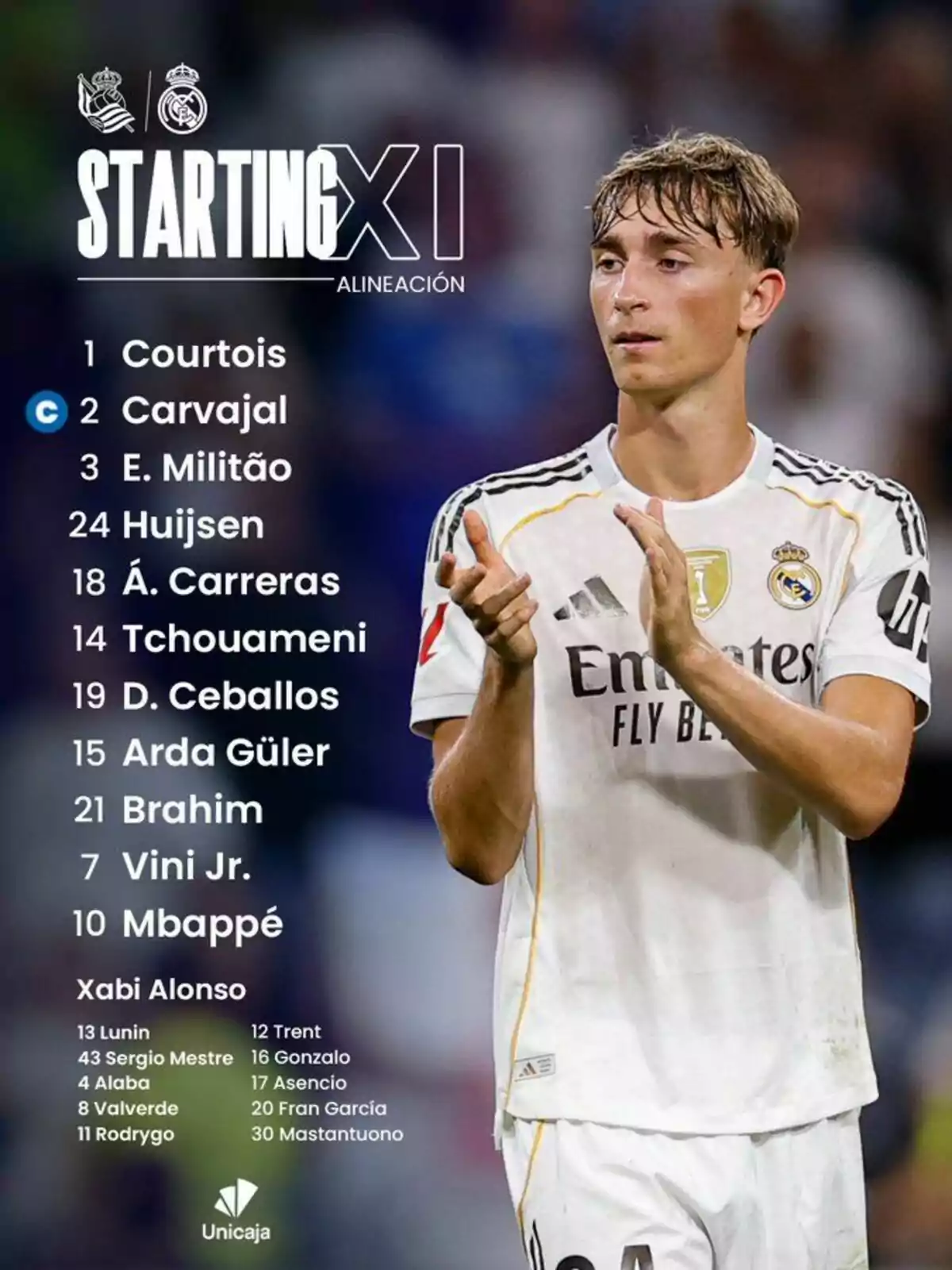 Real Madrid player applauding with the team’s starting line-up for a match shown on the left over a blurred background Real Madrid player applauding with the team’s starting line-up for a match shown on the left over a blurred background