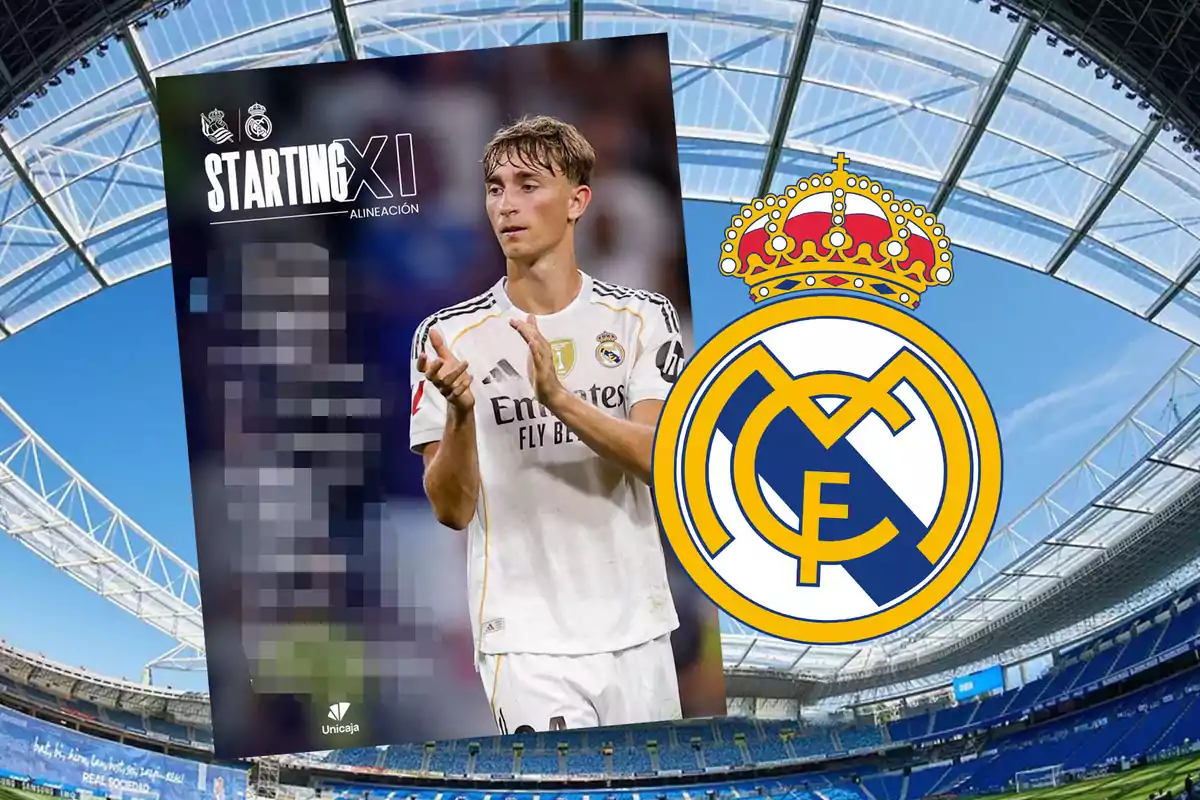 Real Madrid line-up poster with a player applauding and the club crest in a modern football stadium